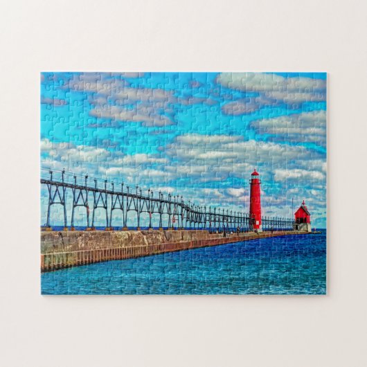Grand Haven Pier Michigan van de vuurtoren. Legpuzzel (Horizontaal)