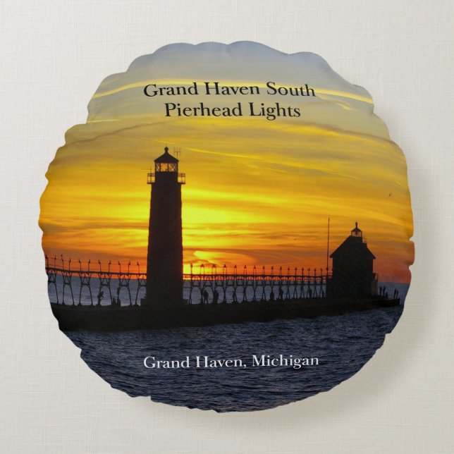 Grand Haven South Pierhead Light 2 zijwaarts Rond Kussen (Voorkant)