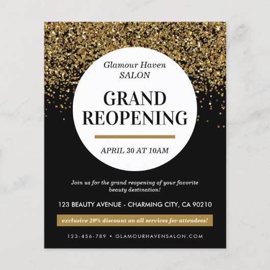 Grand Heropening Black Gold Glitter Salon Flyer (Voorkant)
