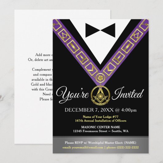 Grand Lodge vrijmetselaarsuitnodigingen | Paarse e Kaart (Voorkant / Achterkant)