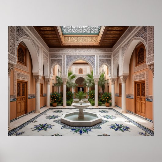 Grand Moroccan Riad Courtyard with Marble Fountain Poster (Voorkant)