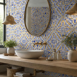 Grand Mosaic Blue and Gold Floral Mediterranean Tegeltje