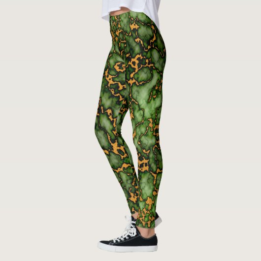 Grand Moss Groen en Goud Marmer Textuur Design Leggings (Links)