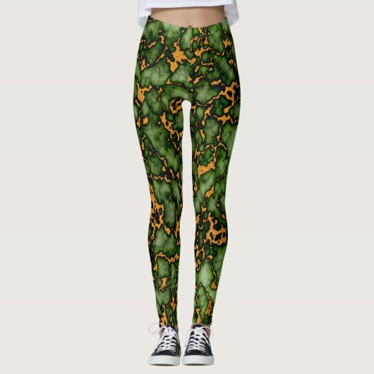 Grand Moss Groen en Goud Marmer Textuur Design Leggings (Voorkant)