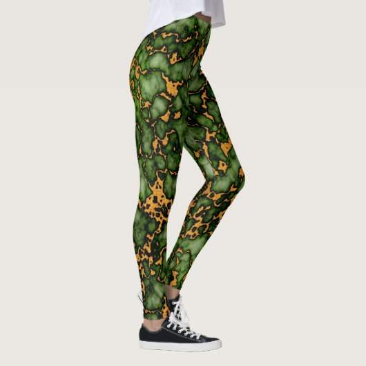 Grand Moss Groen en Goud Marmer Textuur Design Leggings (Rechts)