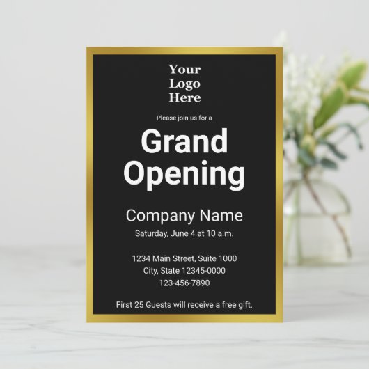 Grand Opening Black and Gold Business Uitnodiging (Staand voorkant)