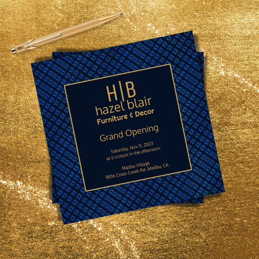Grand Opening Business Goud Monogram Blauwe Vierka Kaart