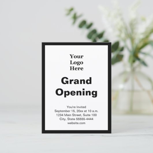 Grand Opening Business Logo Black White Invitation Briefkaart (Staand voorkant)
