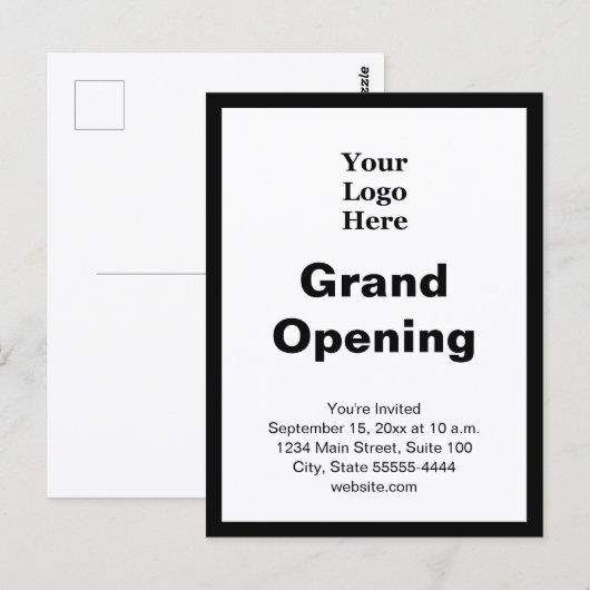 Grand Opening Business Logo Black White Invitation Briefkaart (Voorkant / Achterkant)