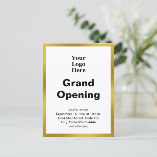 Grand Opening Business Logo Gold White Invitation Briefkaart (Staand voorkant)
