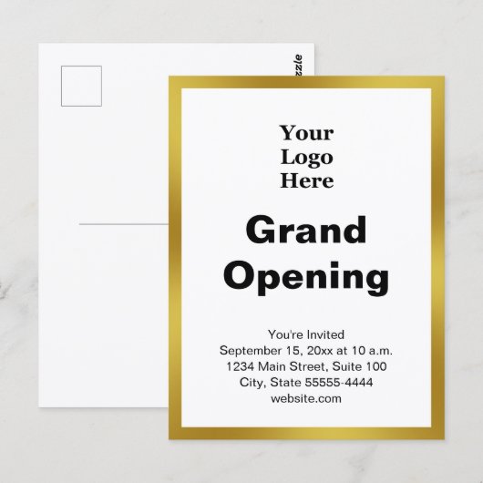 Grand Opening Business Logo Gold White Invitation Briefkaart (Voorkant / Achterkant)