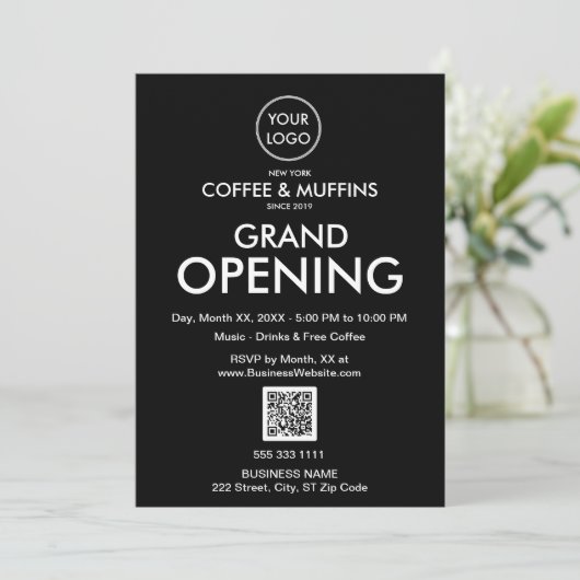 Grand Opening Modern Black Business Logo QR-code Kaart (Staand voorkant)