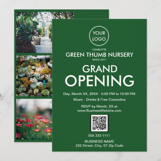 Grand Opening Modern Green Business Logo QR-code Kaart (Voorkant / Achterkant)