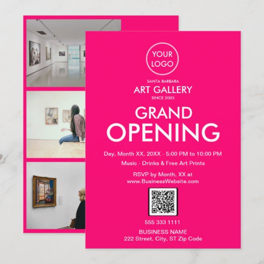 Grand Opening Modern Magenta Business Logo QR-code Kaart (Voorkant / Achterkant)
