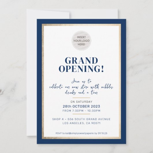 GRAND OPENING modern minimal logo store navy gold Kaart (Voorkant)