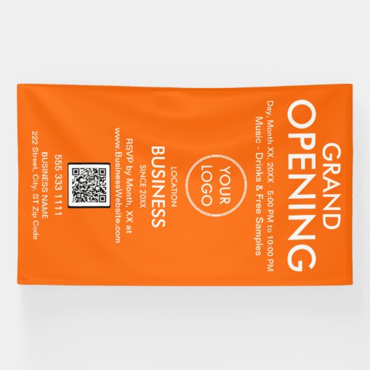 Grand Opening Modern Oranje Zakelijk Logo QR Code Spandoek (Horizontaal)
