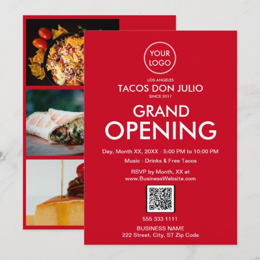 Grand Opening Modern Red Business Logo QR-code Kaart (Voorkant / Achterkant)