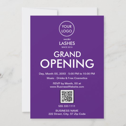 Grand Opening Moderne Paarse Business Logo QR Code Kaart (Voorkant)