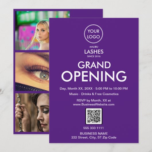 Grand Opening Moderne Paarse Business Logo QR Code Kaart (Voorkant / Achterkant)