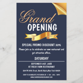 Grand Opening Navy Blue & Gold Ribbon Restaurant Flyer