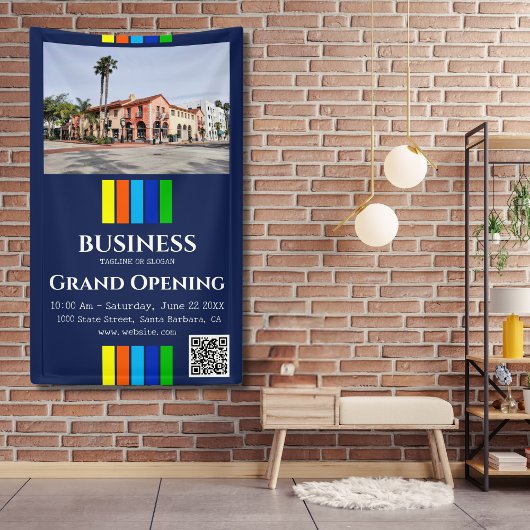 Grand Opening Stripes QR Code Foto Verticaal Spandoek
