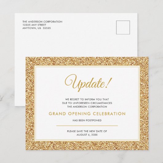 Grand Opening Update geannuleerd Gold Glitter Briefkaart (Voorkant / Achterkant)