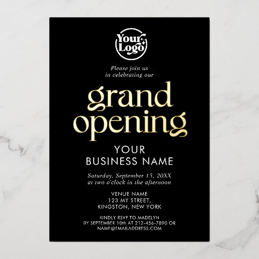 Grand Opening Zakelijk Logo Zwart Minimalist Folie Uitnodiging (Voorkant)