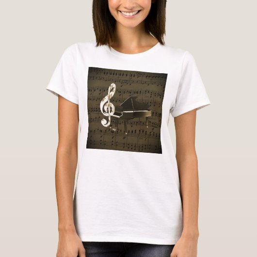 Grand Piano Treble Clef Bronze Sheet Music T-shirt (Voorkant)