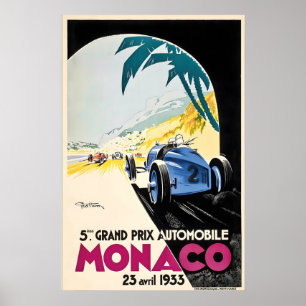 Grand Prix 1933 Autoracing Monaco Frankrijk Vintag Poster