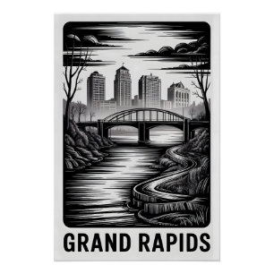Grand Rapids Michigan Silhouette Zwart Wit Houtsne Perfect Poster