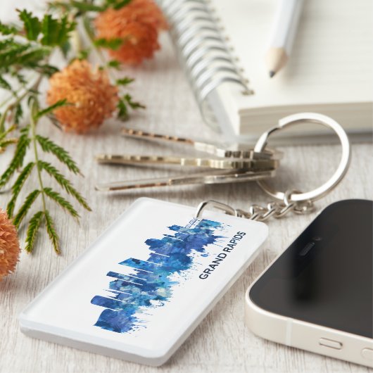 Grand Rapids Michigan Skyline Blue Sleutelhanger (Voorkant Rechts)