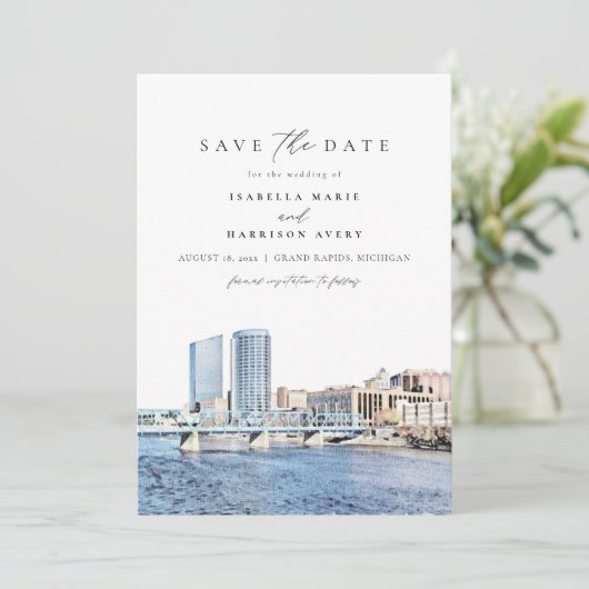 GRAND RAPIDS Michigan Skyline Save the Date Invit Kaart (Staand voorkant)