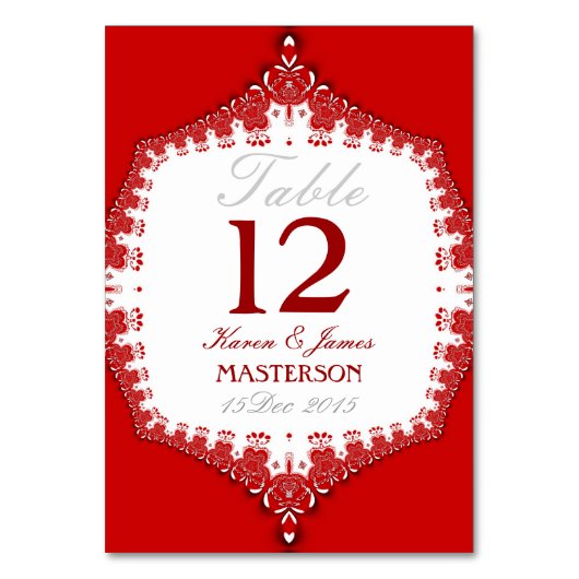 Grand Red+White Lace Wedding Table Number Kaart (Voorkant)