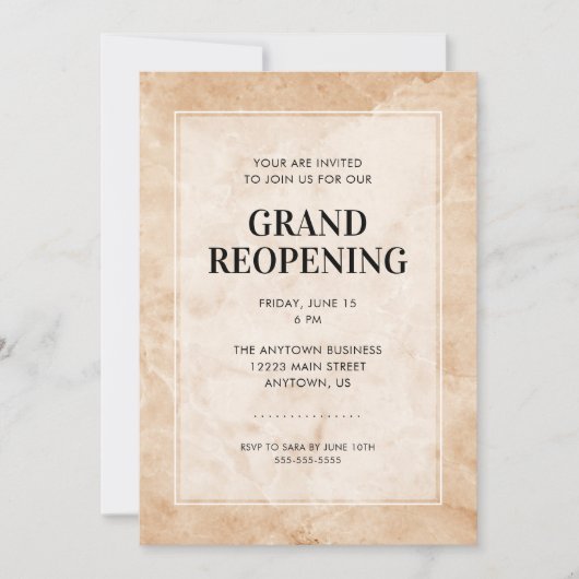 Grand Reopening Event Stijlvolle Marmeren Achtergr Kaart (Voorkant)