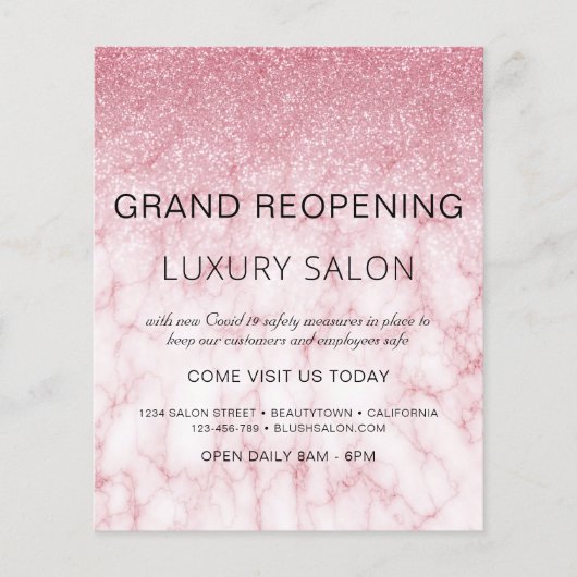 Grand Reopening Marble Pink Glitter Salon Flyer (Voorkant)