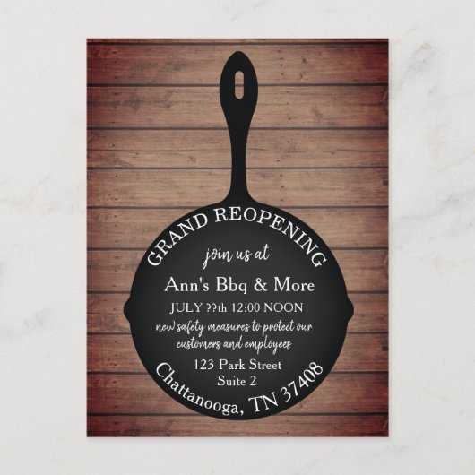 Grand Reopening Restaurant Skillet Wood Rustic Briefkaart (Voorkant)
