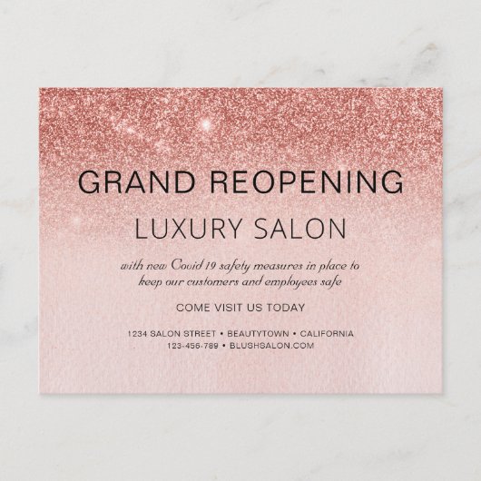 Grand ReOpening Roos Gold Glitter Salon Aankondigingskaart (Voorkant)