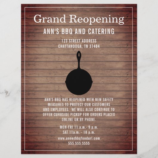 Grand Reopening Rustic Restaurant Skillet Wood Flyer (Voorkant)