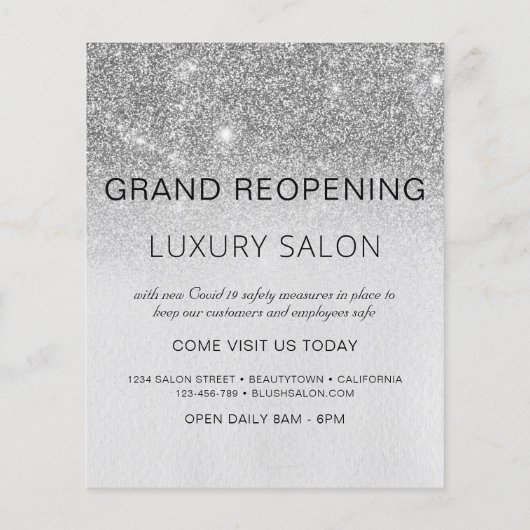 Grand Reopening Silver Modern Glitter Salon Flyer (Achterkant)