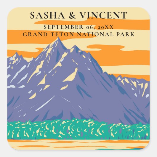 Grand Teton National Park Bruiloft Retro Vierkante Sticker (Voorkant)