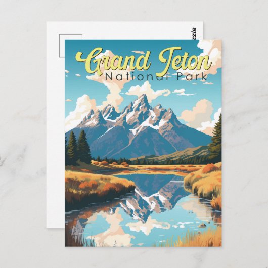 Grand Teton National Park Illustratie Retro Briefkaart (Voorkant / Achterkant)