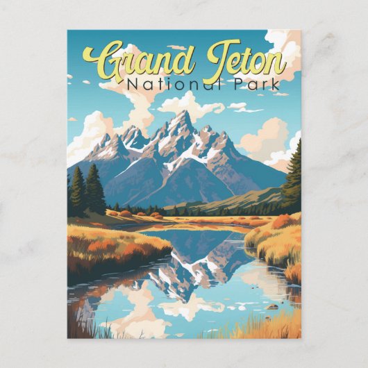 Grand Teton National Park Illustratie Retro Briefkaart (Voorkant)