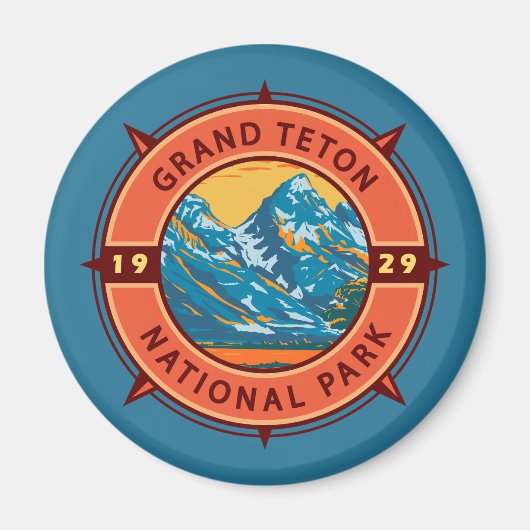 Grand Teton National Park Retro Compass Embleem Magneet (Voorkant)