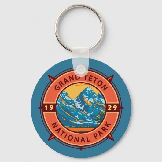 Grand Teton National Park Retro Compass Embleem Sleutelhanger (Voorkant)
