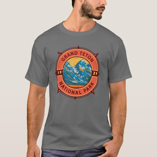 Grand Teton National Park Retro Compass Embleem T-shirt (Voorkant)