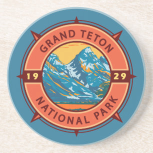Grand Teton National Park Retro Compass Embleem Zandsteen Onderzetter