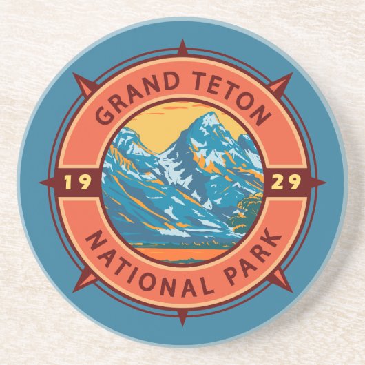 Grand Teton National Park Retro Compass Embleem Zandsteen Onderzetter (Voorkant)