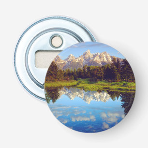 Grand Tetons weerspiegelend in de Snake River Button Flesopener