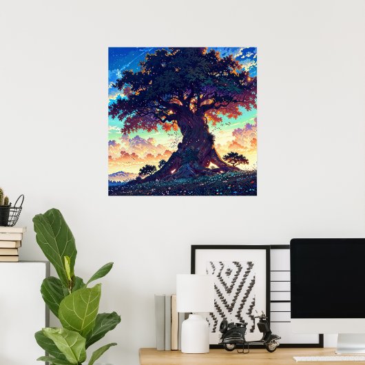 Grand Tree - Levendige illustratie stijl landschap Poster (Thuiskantoor)