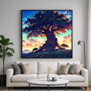 Grand Tree - Levendige illustratie stijl landschap Poster